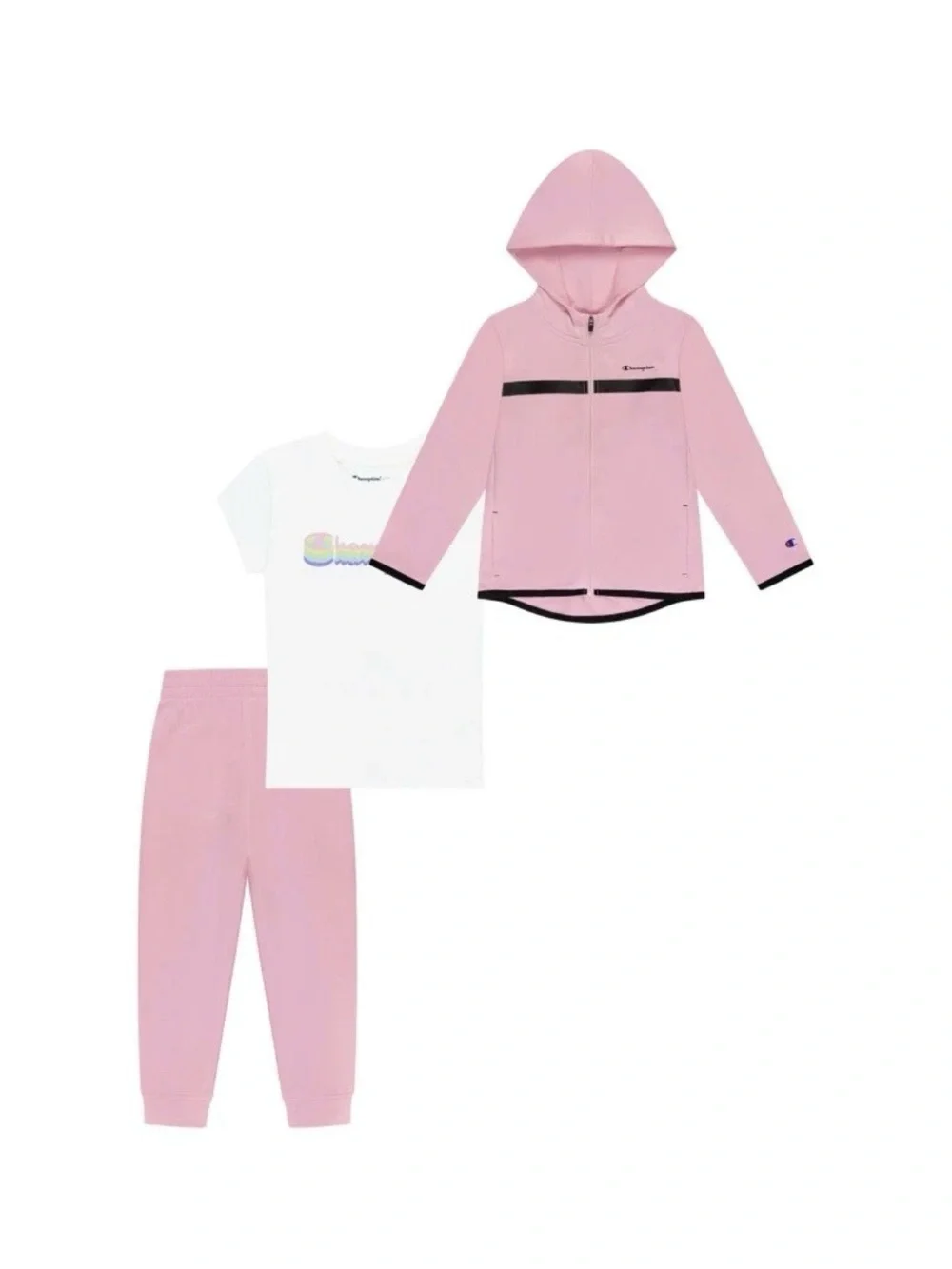 Champion Light Pink Girls' 3-Piece Hoodie & Jogger Set with White Tee